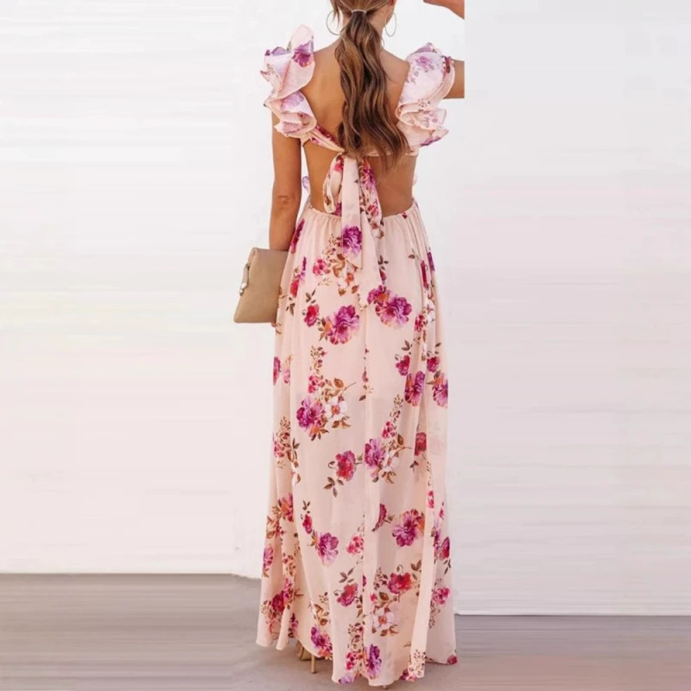 ZARA Floral Print Ruffle Off Shoulder Patchwork Backless Summer Dress